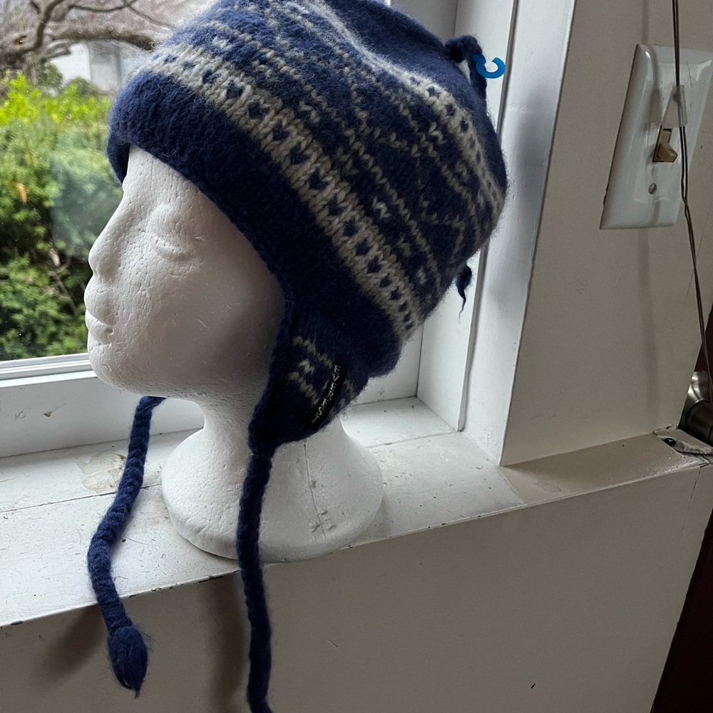 Navy and Cream Knit Earflap Beanie wool Nepal hat